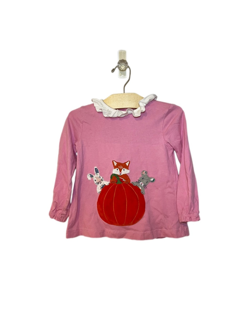Baby Boden 18-24m Pink Pumpkin Fox Mouse and Bunny Applique Ruffled Collar Top